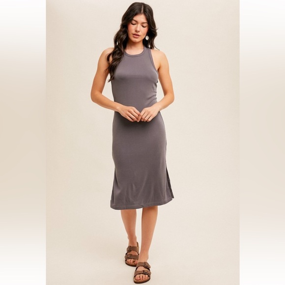 261. Modal Crew Neck Tank Dress Side Slit Boho Layering Dress Racerback NEW Item - Picture 5 of 5